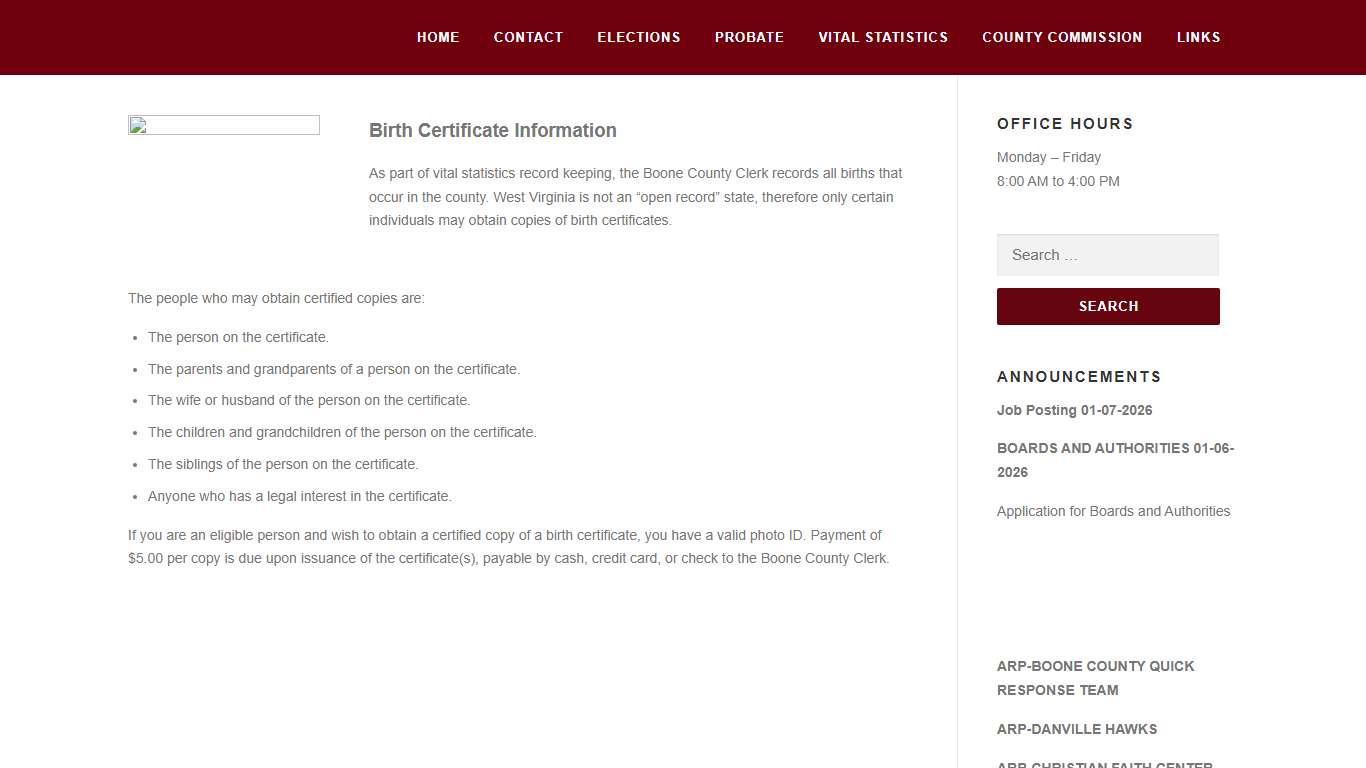 Birth Certificate – Clerk of Boone County, West Virginia